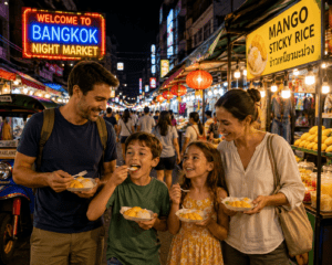 Family walking through a Bangkok night market with kids eating mango sticky rice]thailand family vacation