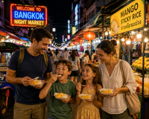 Family walking through a Bangkok night market with kids eating mango sticky rice]thailand family vacation